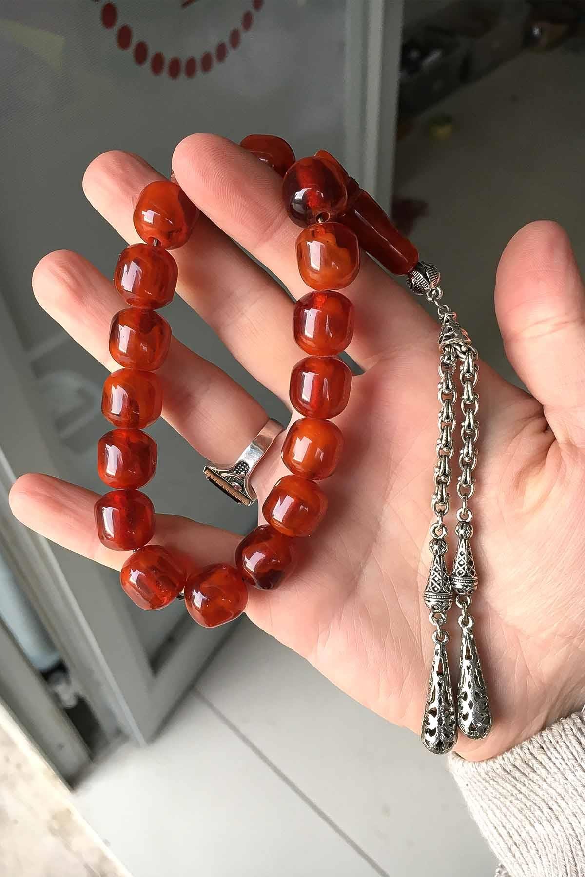 Koyu Bal Renk Gümüş Kaplama Püsküllü 17'lik Tesbih