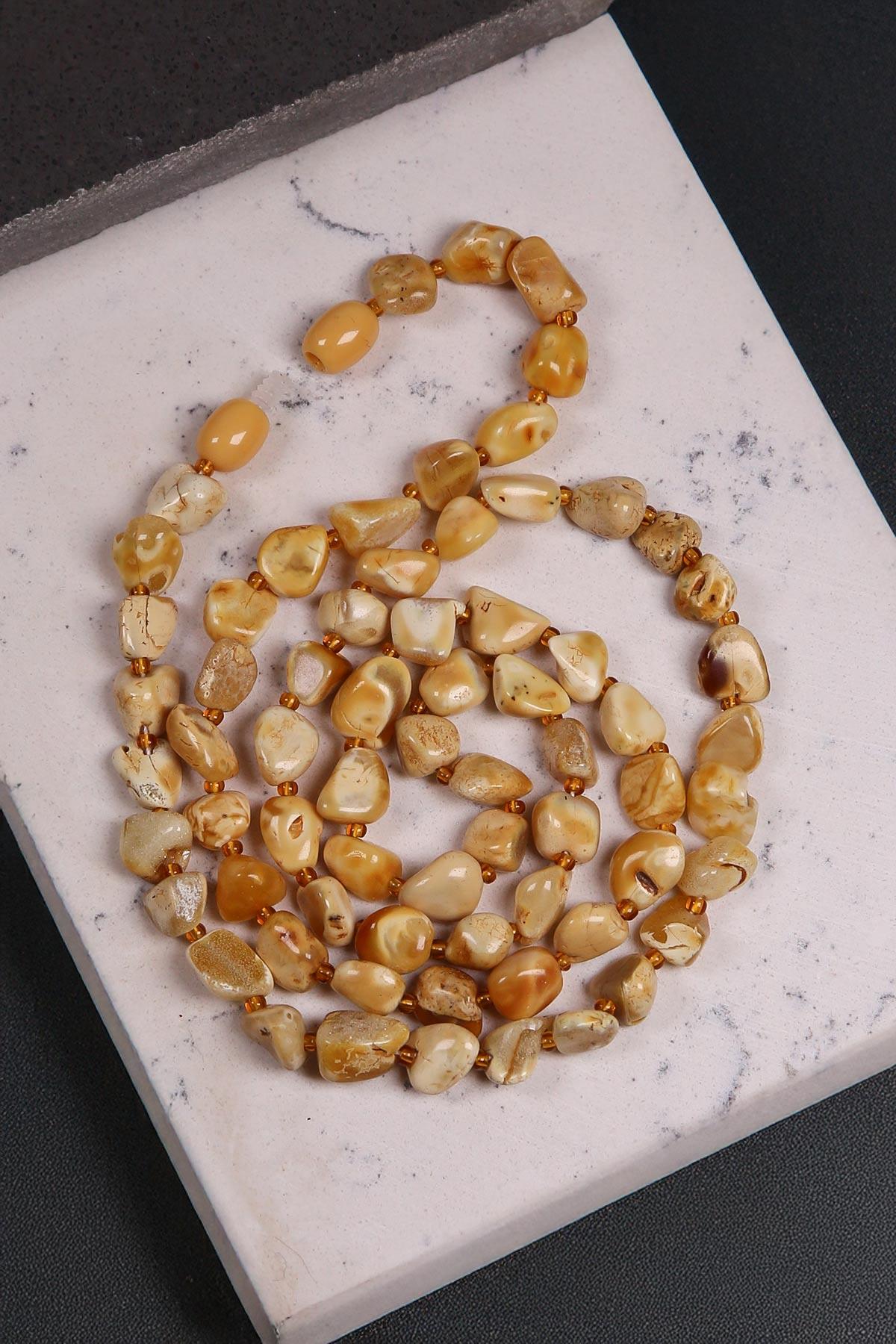 Mat Sarı Doğal Damla Kehribar Kolye  - TesbihKenti