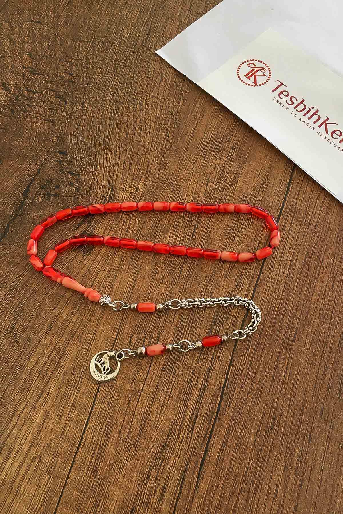 Minik Boy Kırmızı Hareli Sıkma Kehribar Tesbih