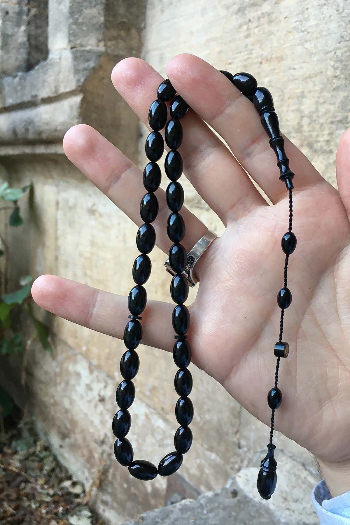 Siyah Renk Arpa Tane Sıkma Kehribar Tesbih