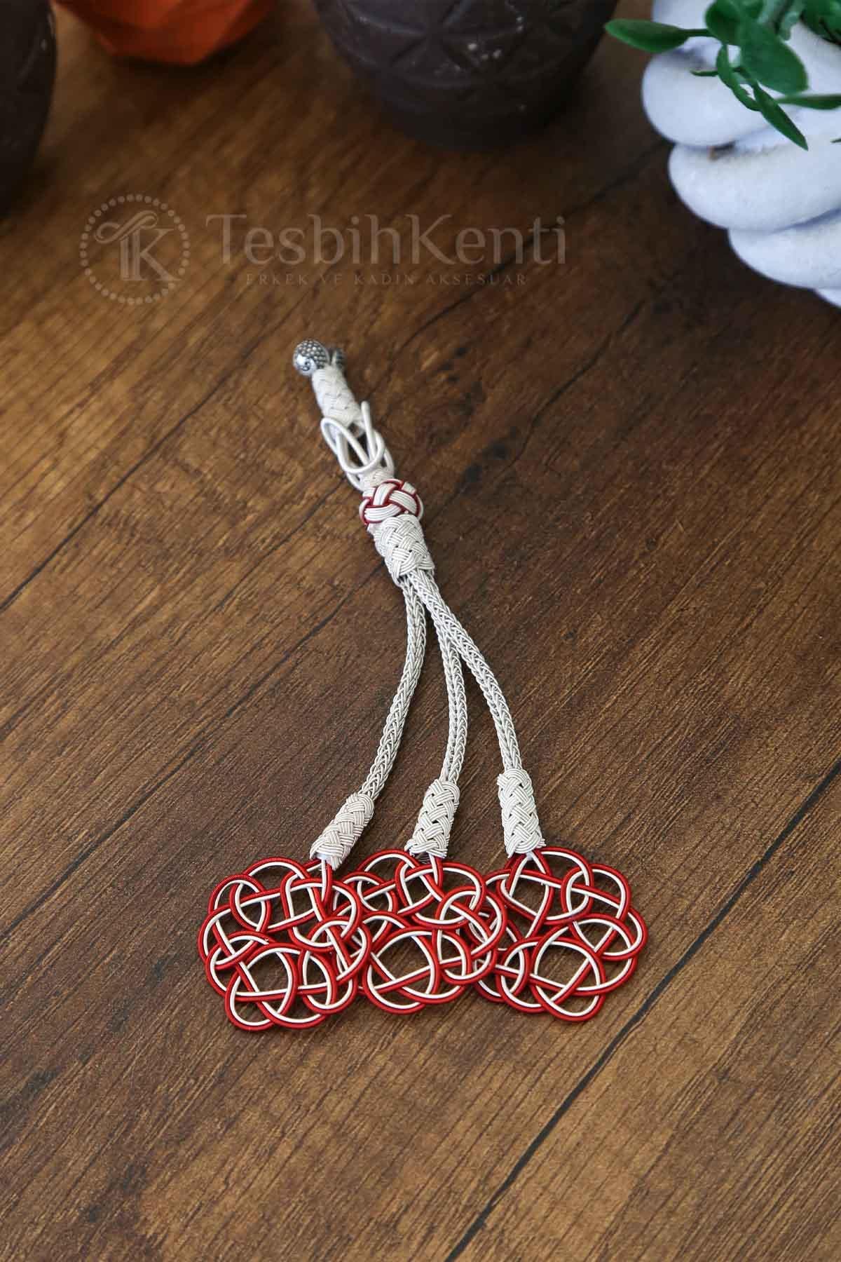 Üçlü Şems Model Kırmızı Renk Bakır Kazaz Tesbih Püskülü