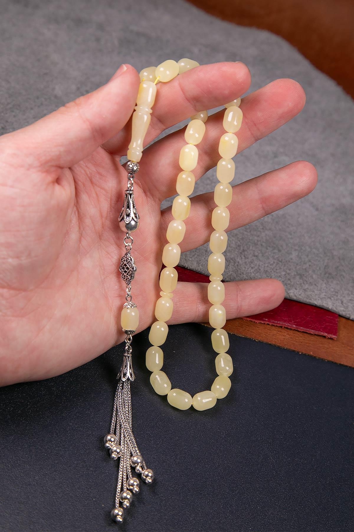 Usta İşçilik Gümüş Püsküllü Kaya Damla Kehribar Tesbih