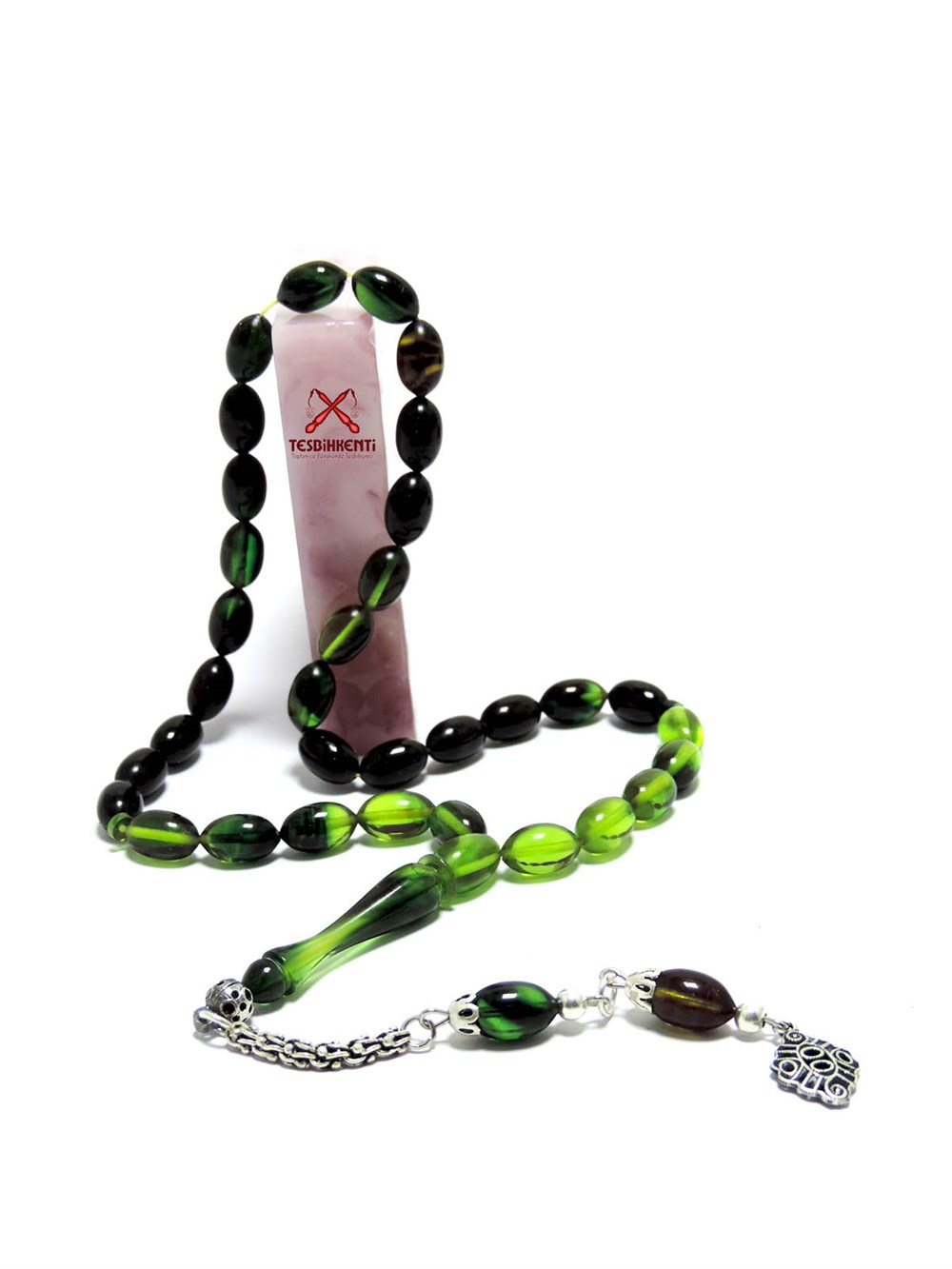 Yeşil Renk Geçişli Gümüş Püsküllü Ateş Kehribar