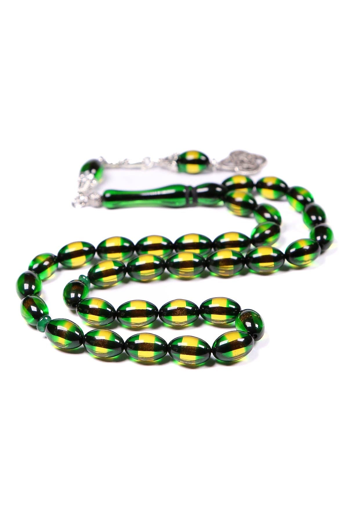 Yeşil Sürmeli Toz Kehribar Tesbih 12x8 mm | TesbihKenti