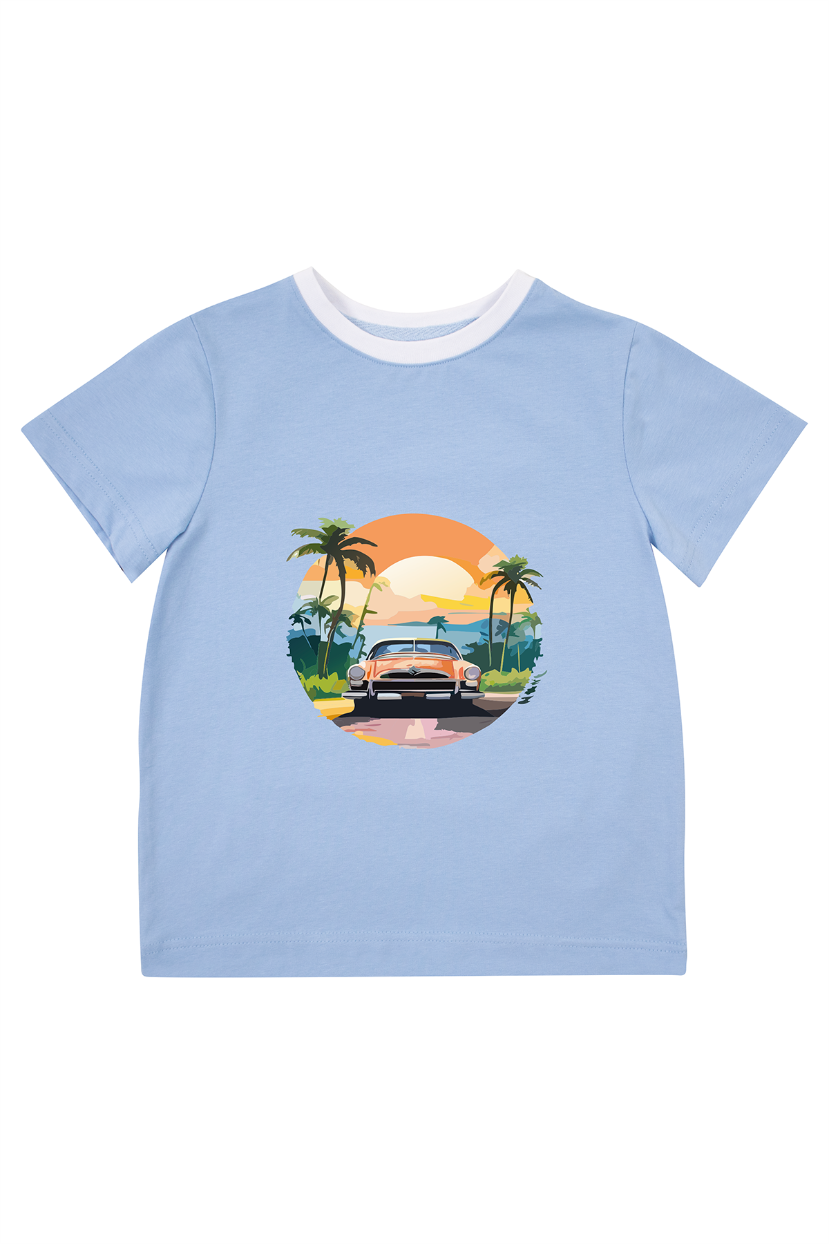 Mavipink 2510406 Erkek Çocuk Mavi Renk Palmiye Günbatımı Baskılı Kısa Kol T-Shirt