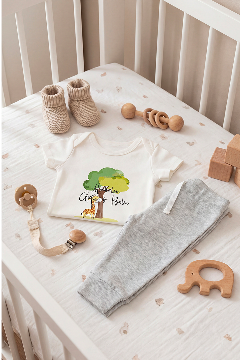 Unisex Bebek Pamuklu Ağaç Baskılı Kısa Kollu Zıbın Body
