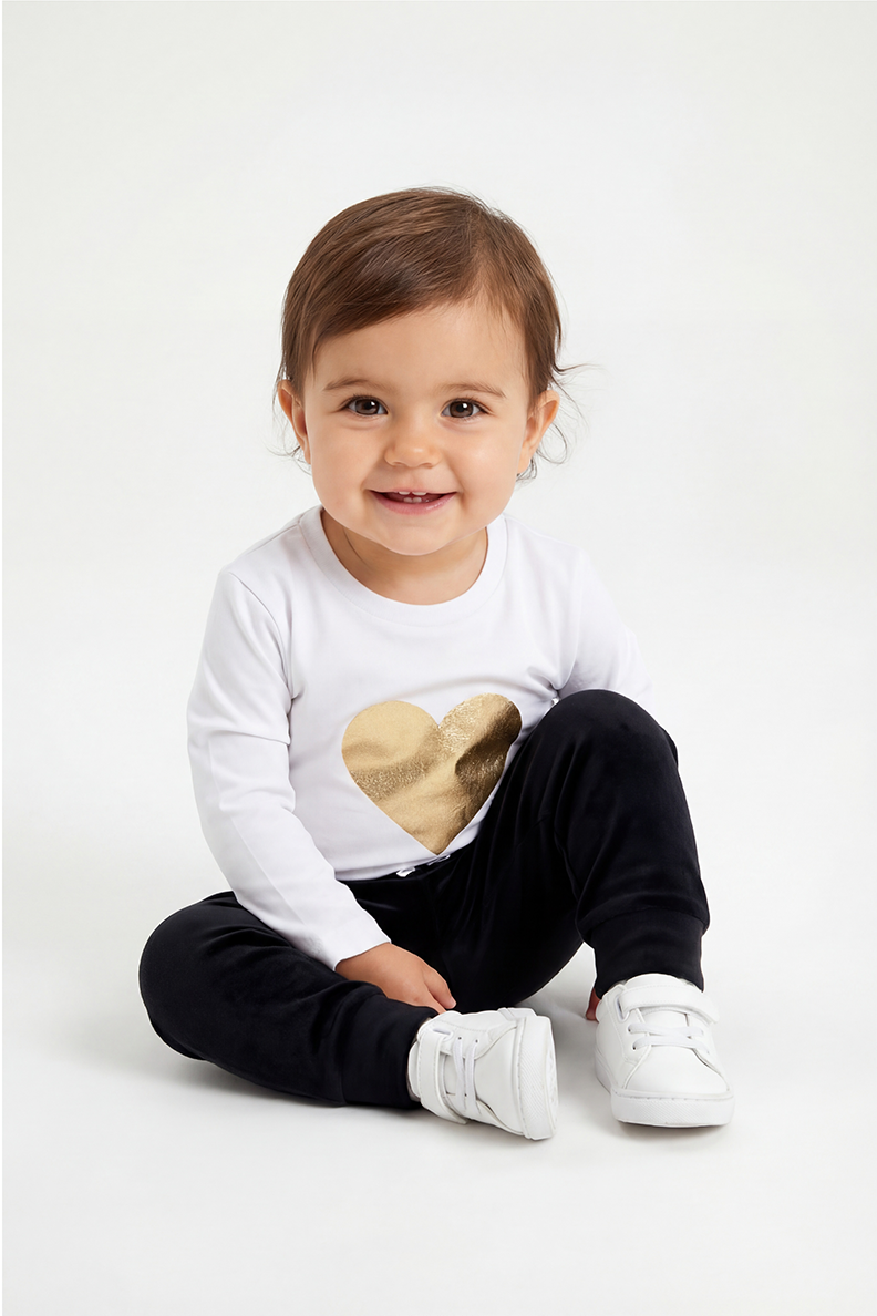 Kız Bebek Kalp Baskılı T-Shirt ve Alt 2li Takım