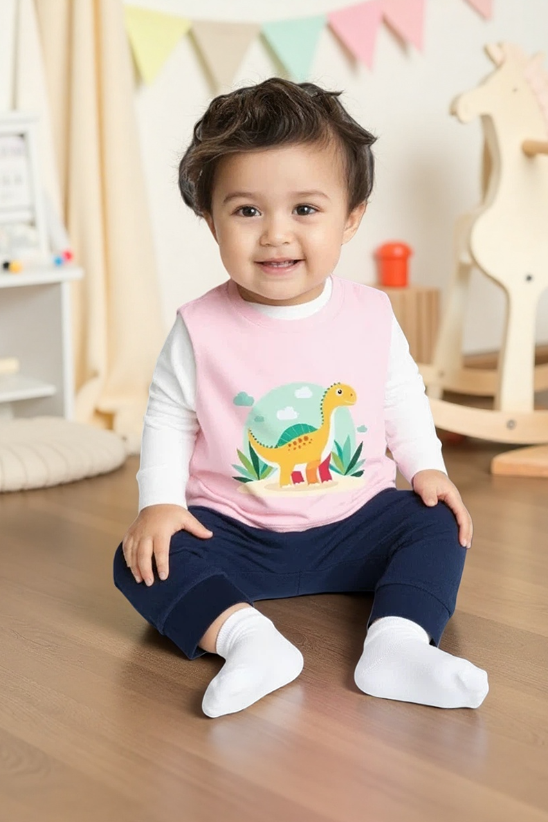 Kız Bebek Pembe Dinozor Baskılı T-Shirt ve Kadife Alt 2li Takım