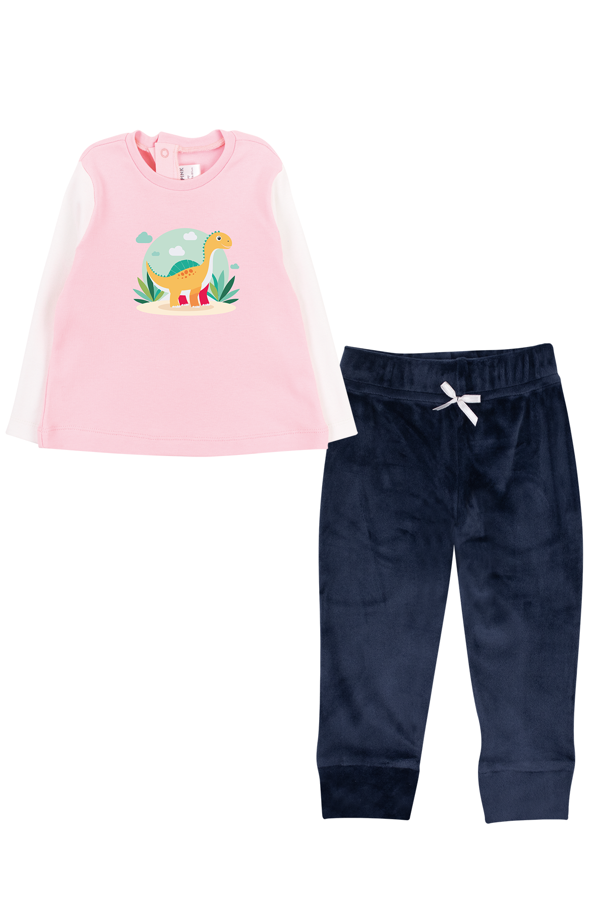 Kız Bebek Pembe Dinozor Baskılı T-Shirt ve Kadife Alt 2li Takım
