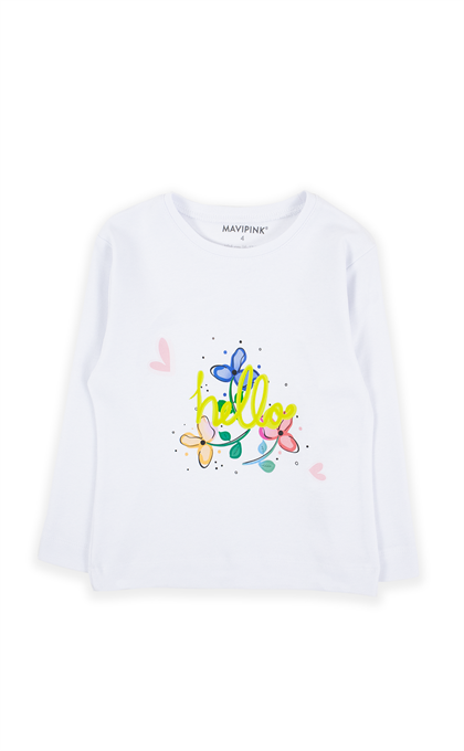 230902011 Kız Hello Çiçek Uzun Kol T-Shirt Beyaz