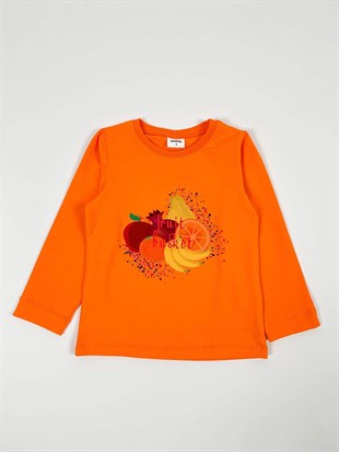 Kız Çocuk Meyveli Uzun Kollu T-Shirt Turuncu