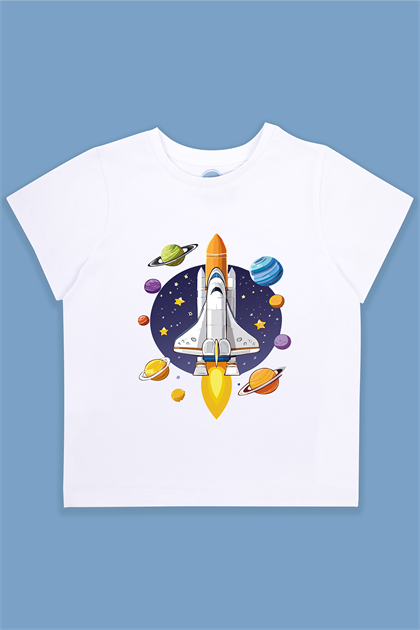 Erkek Çocuk Uzay Roket Baskılı Kısa Kol T-Shirt