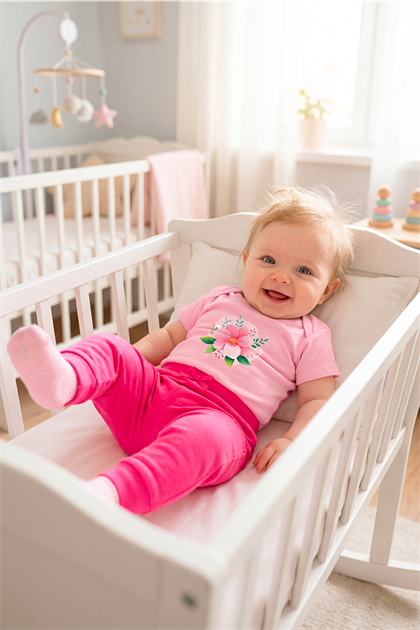 Kız Bebek Pamuklu Pembe Çiçek Baskılı Kısa Kollu Zıbın Body