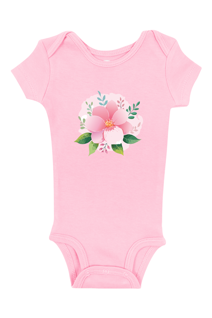 Kız Bebek Pamuklu Pembe Çiçek Baskılı Kısa Kollu Zıbın Body