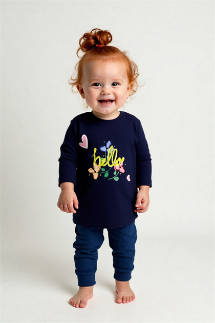 Kız Bebek Hello Çiçek Baskılı T-Shirt ve Kadife Alt 2li Takım