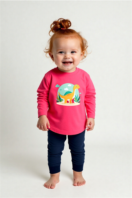 Kız Bebek Dinozor Baskılı T-Shirt ve Kadife Alt 2li Takım