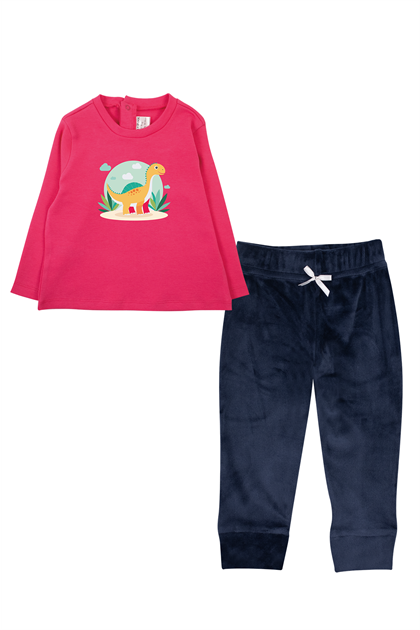 Kız Bebek Dinozor Baskılı T-Shirt ve Kadife Alt 2li Takım