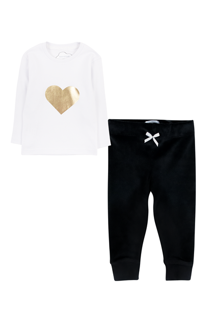 Kız Bebek Kalp Baskılı T-Shirt ve Alt 2li Takım