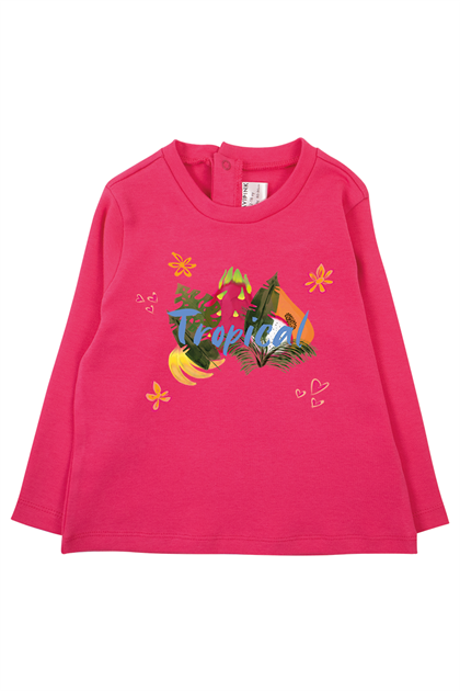 Kız Bebek Fuşya Tropikal Baskılı T-Shirt ve Kadife Alt 2li Takım