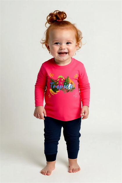Kız Bebek Fuşya Tropikal Baskılı T-Shirt ve Kadife Alt 2li Takım