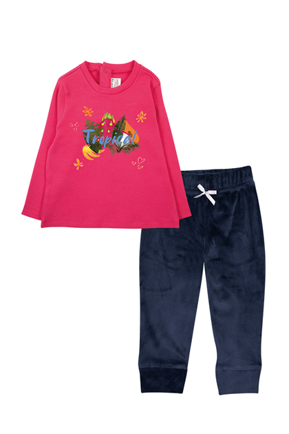 Kız Bebek Fuşya Tropikal Baskılı T-Shirt ve Kadife Alt 2li Takım