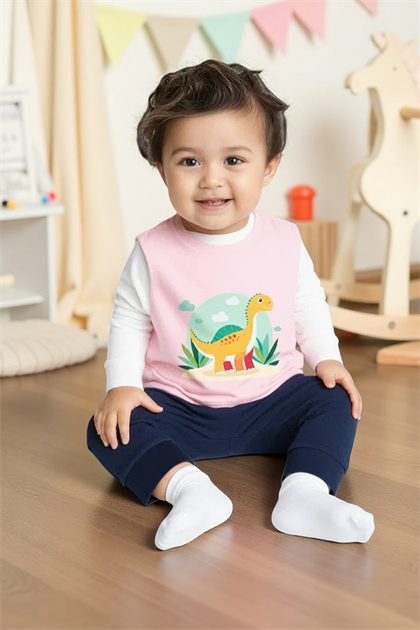 Kız Bebek Pembe Dinozor Baskılı T-Shirt ve Kadife Alt 2li Takım