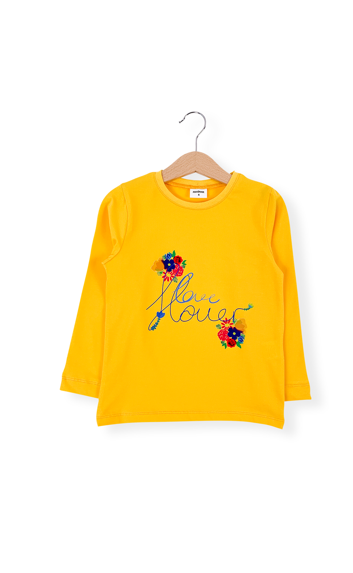 2101008 Kız Çocuk Çiçekli Uzun Kol T-Shirt Sarı