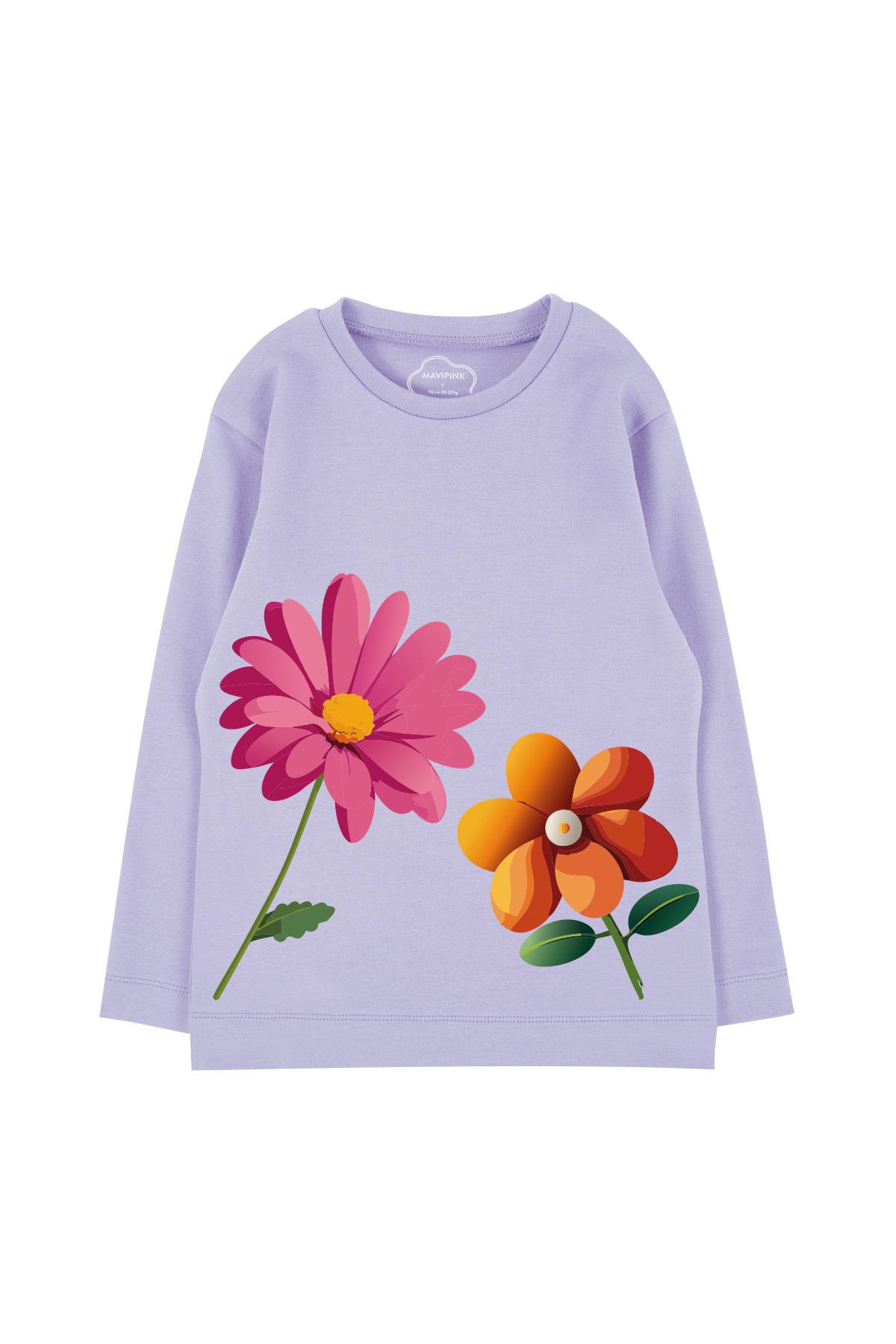 Big Orange and Pink Flowers Long Sleeve T-Shirt Lilac