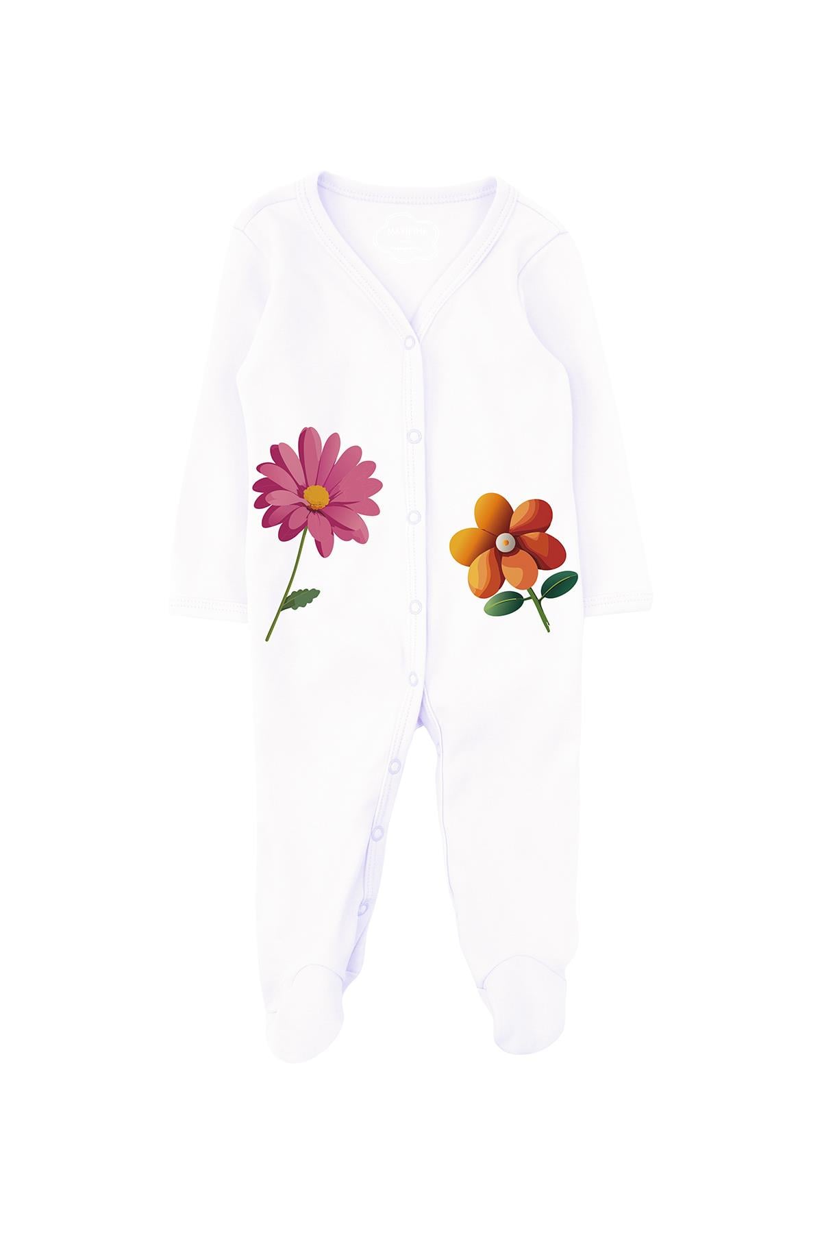 Big Orange and Pink Flowers Footed Overalls White