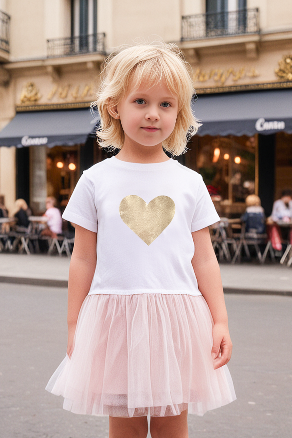Mavipink 24SS011011-1 Altın Varaklı Kalpli Pembe Elbise