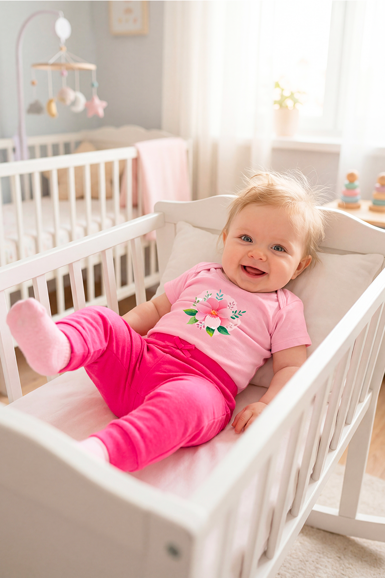 Mavipink 2540907 Kız Bebek Pamuklu Pembe Çiçek Baskılı Kısa Kollu Zıbın Body