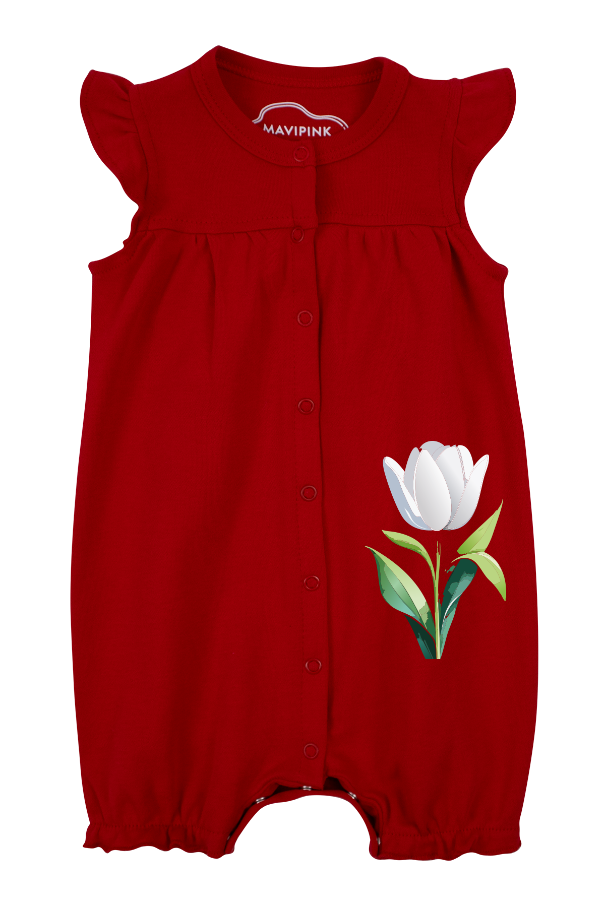 Mavipink 25410002-1 Kız Bebek Lale Çiçekli Fırfırlı Kırmızı Kısa Şort Tulum 