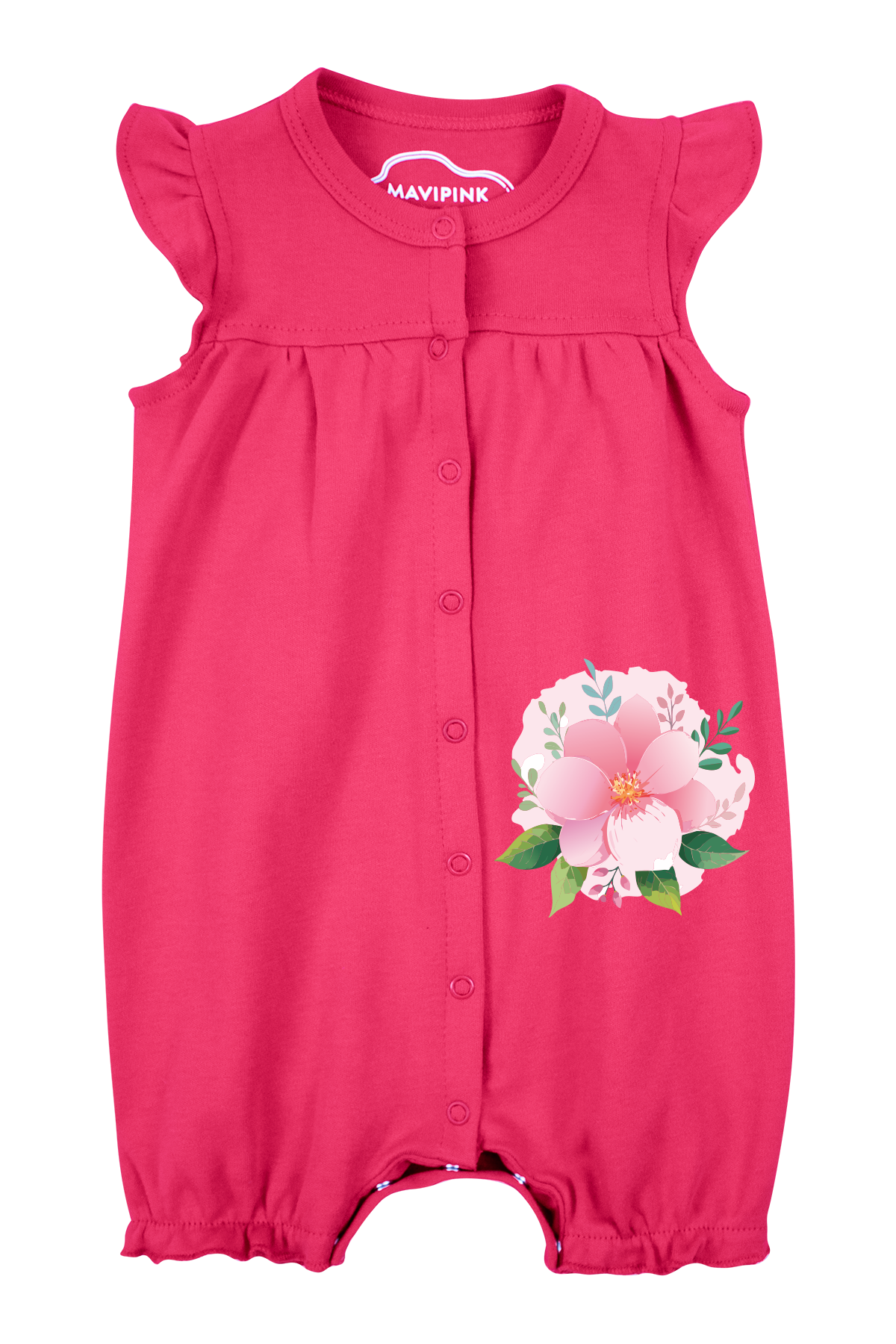 Mavipink 25410004-1 Kız Bebek Pembe Çiçekli Fırfırlı Fuşya Renk Kısa Şort Tulum-2 