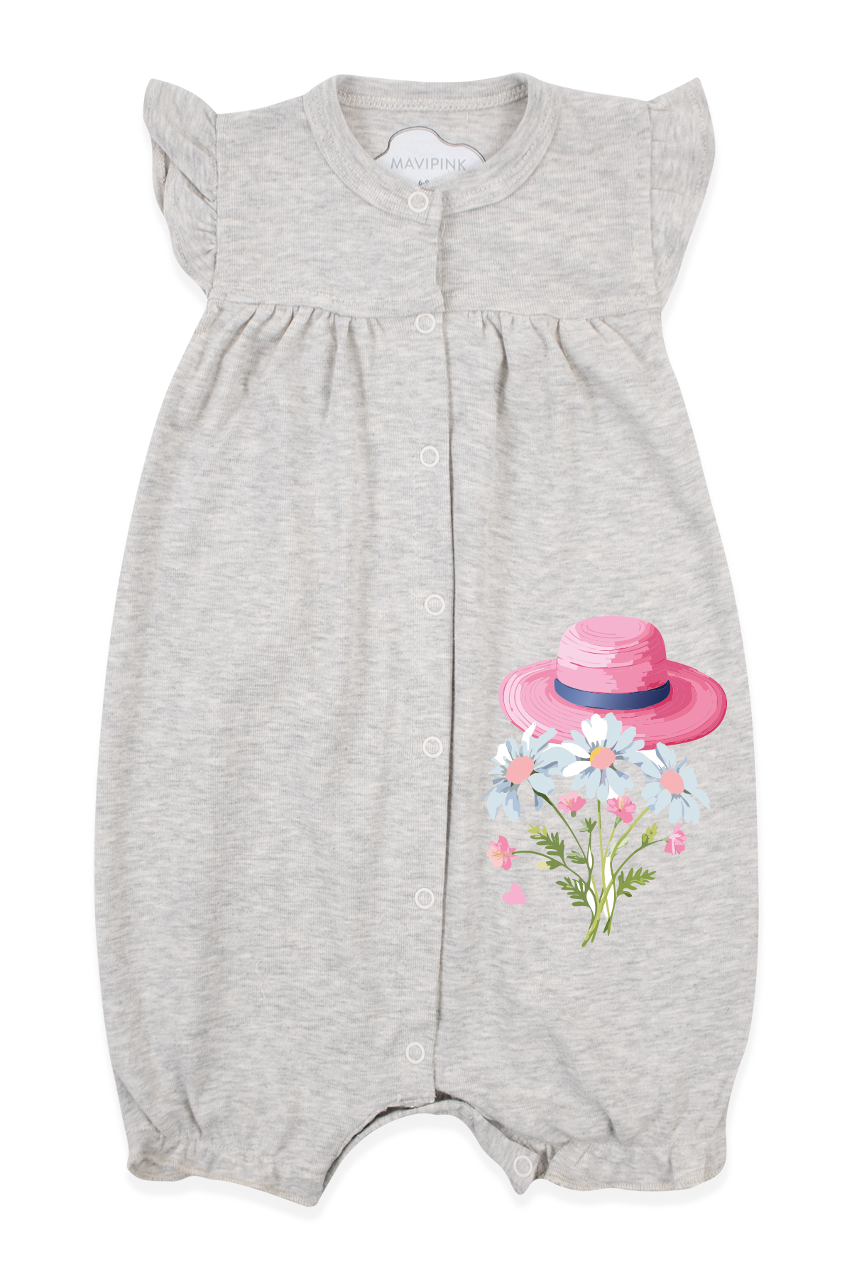 Mavipink 25509007 Kız Bebek Papatyalı Gri Renk Fırfırlı Kısa Şort Tulum 