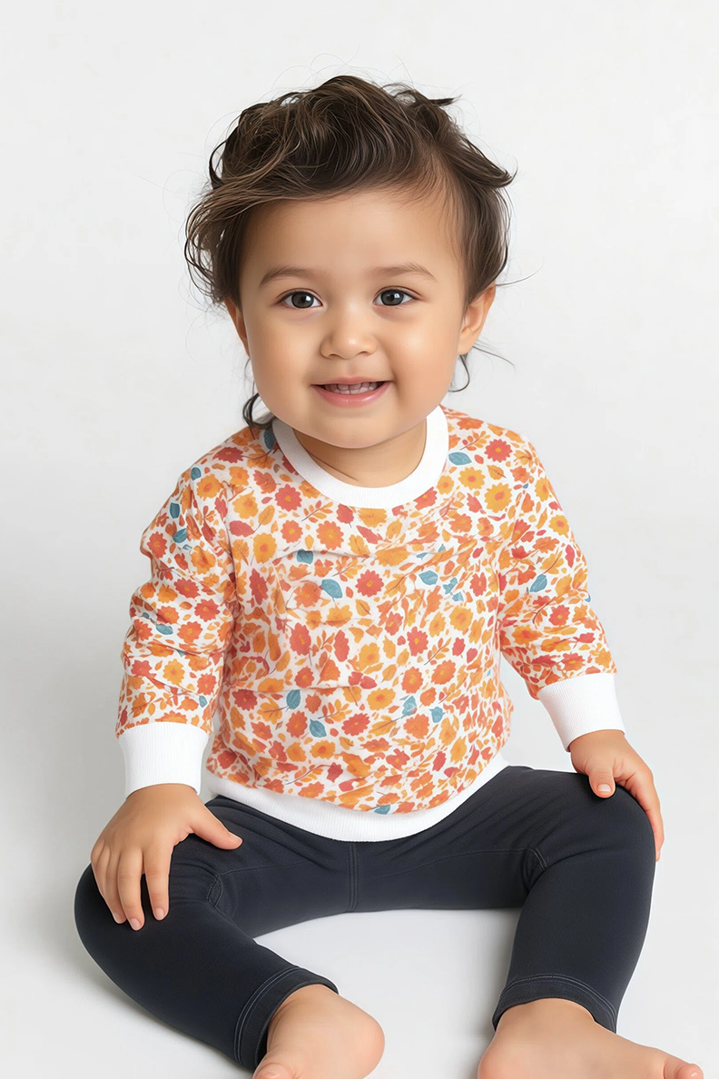 Mavipink 2641703 Kız Bebek Çiçekli Sweatshirt ve Kadife Taytlı 2'li Takım
