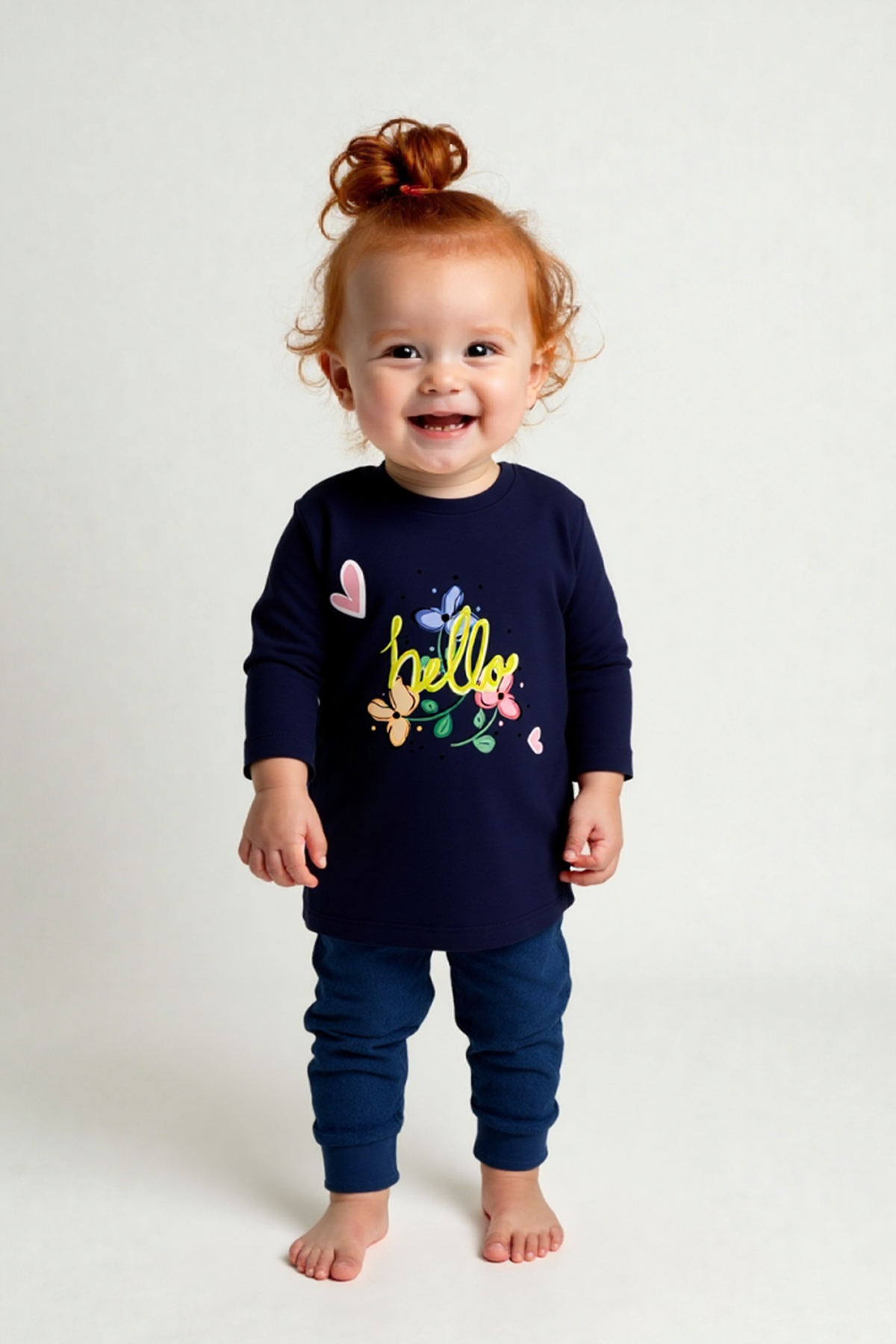 Mavipink 2641704 Kız Bebek Hello Çiçek Baskılı T-Shirt ve Kadife Alt 2'li Takım
