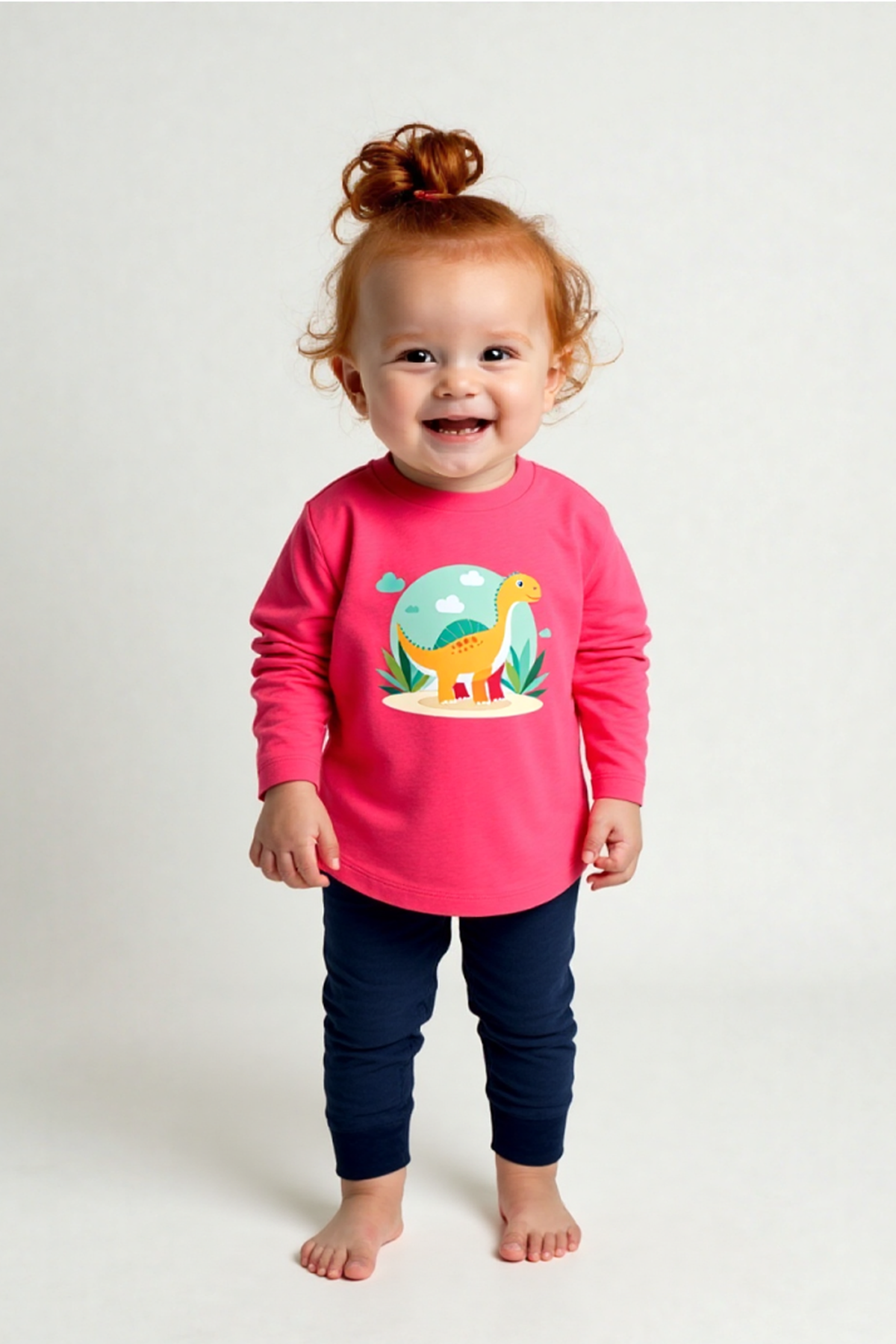 Mavipink 2641705 Kız Bebek Dinozor Baskılı T-Shirt ve Kadife Alt 2'li Takım