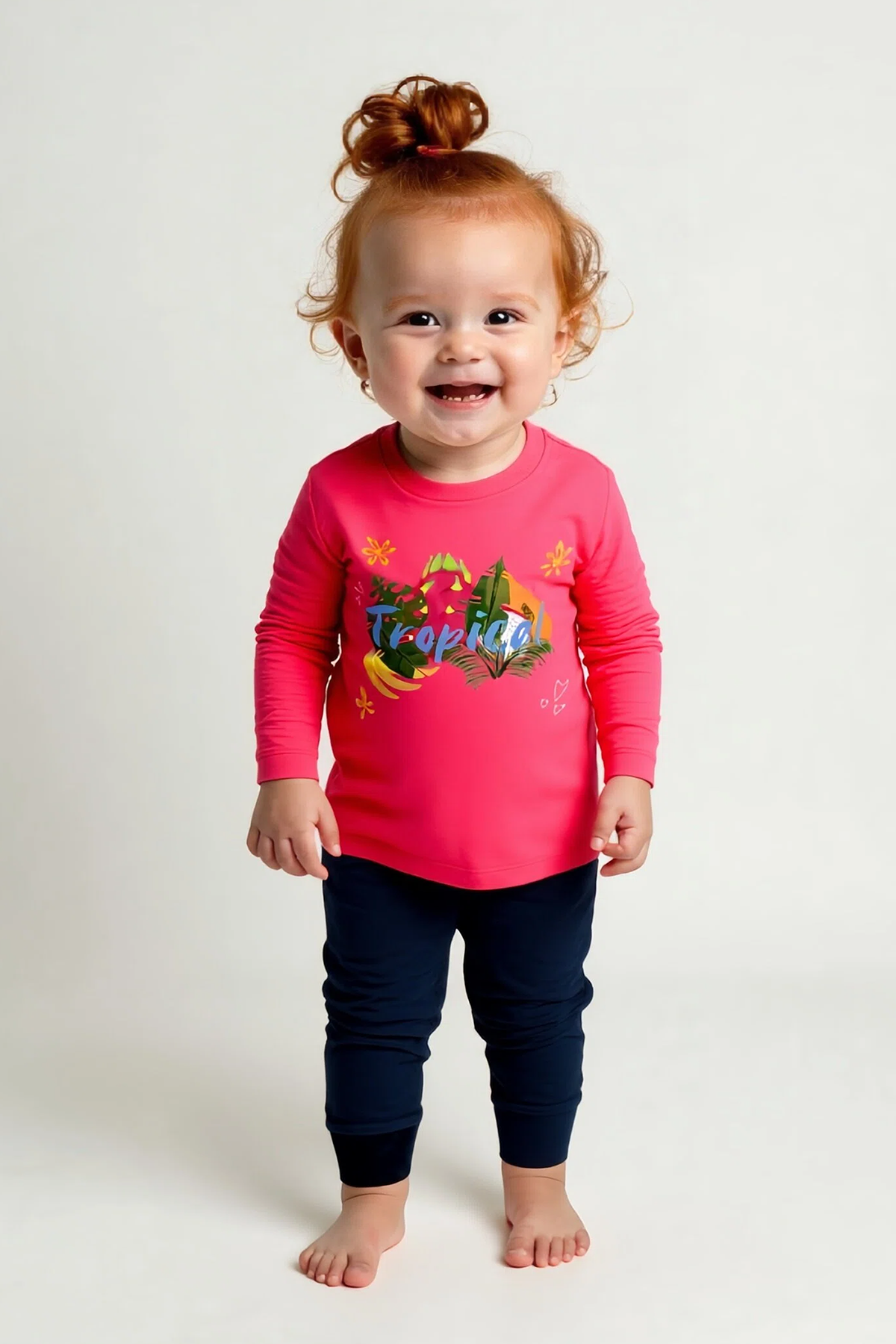 Mavipink 2641706 Kız Bebek Fuşya Tropikal Baskılı T-Shirt ve Kadife Alt 2'li Takım