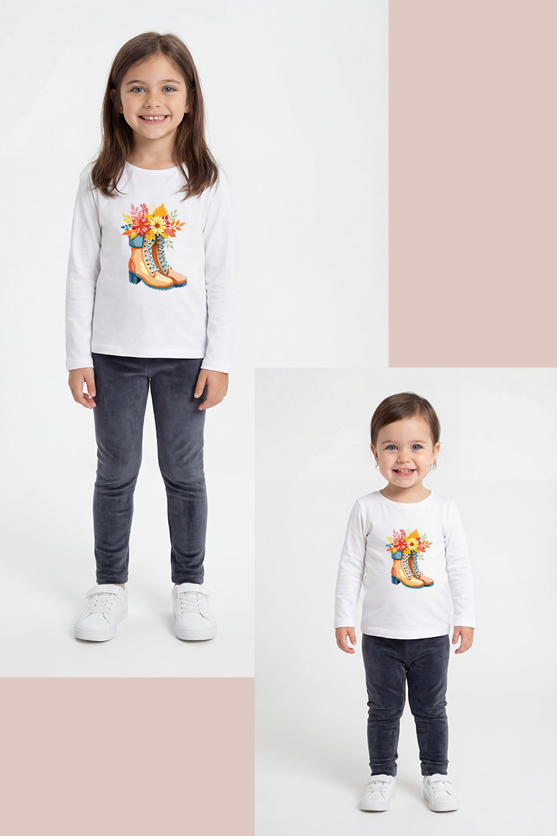 Mavipink 2641709 Kız Bebek-Çocuk Beyaz Pamuklu Çizme Baskılı Uzun Kollu Tişört ve Kadife Taytlı Takım