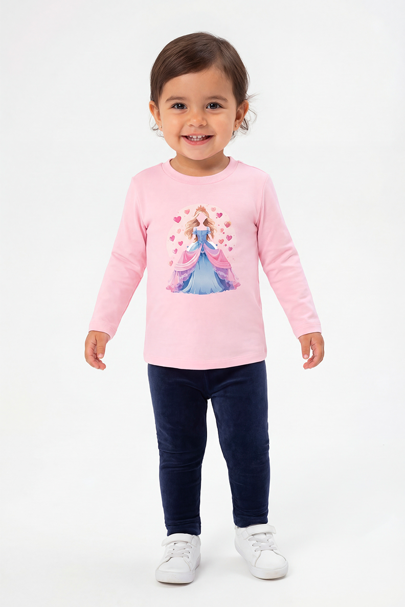 Mavipink 2641710 Kız Bebek Prenses Baskılı Pamuklu Uzun Kol Tişört ve Fransız Kadife Taytlı 2'li Takım