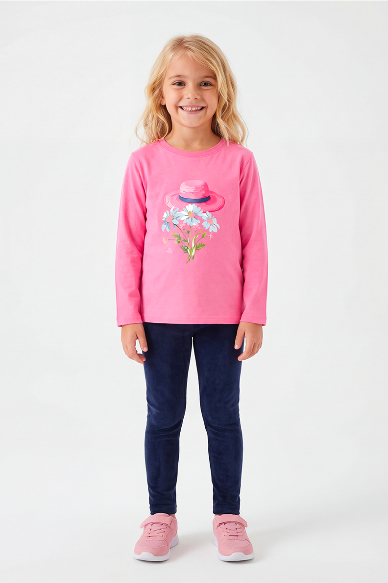 Mavipink 2641716 Kız Çocuk Şapka ve Papatya Baskılı Kadife Taytlı Takım