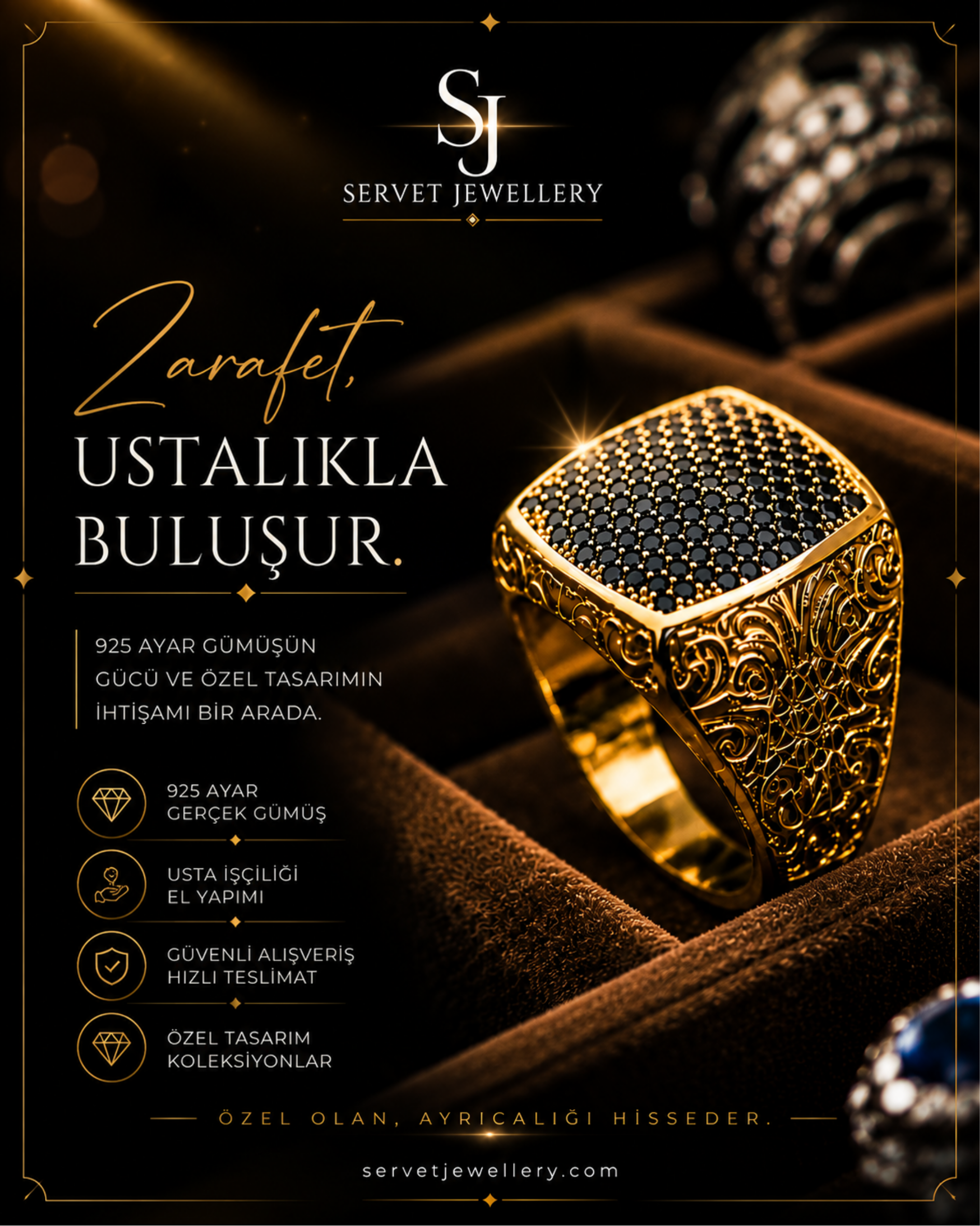 Noir Prestige – Siyah Taşlı Özel Tasarım Gümüş Erkek Yüzük