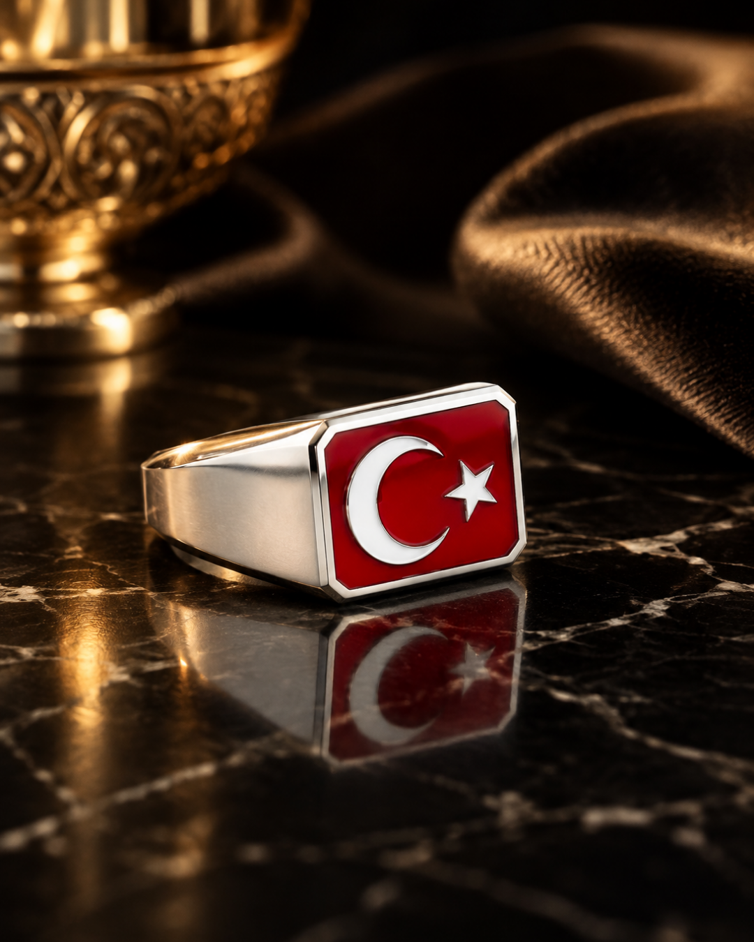 Ay Yıldız Mineli Gümüş Erkek Yüzük