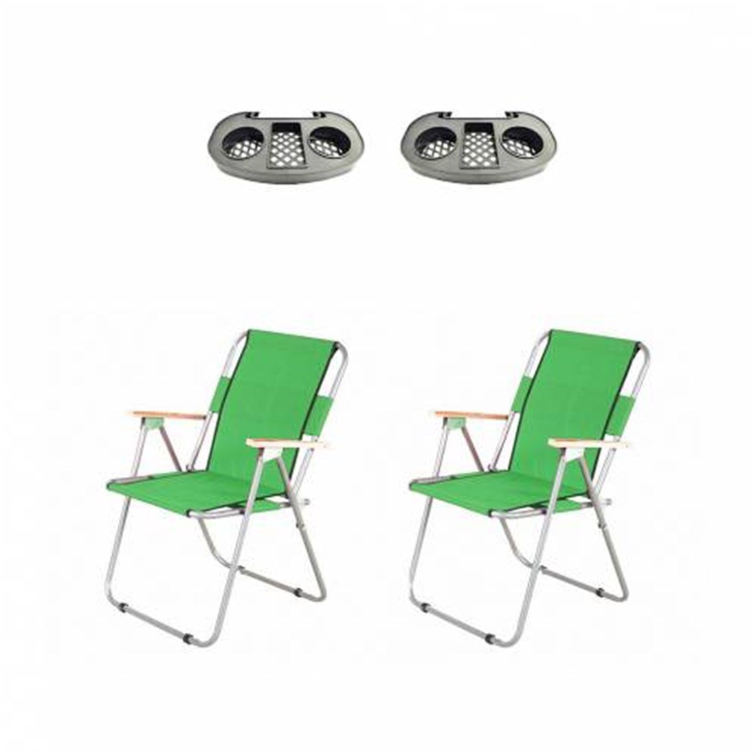 2 Adet Yeşil Katlanır Kamp Sandalyesi + 2 Adet Bardaklık - Kamp Taburesi -  Katlanabilir Sandalye