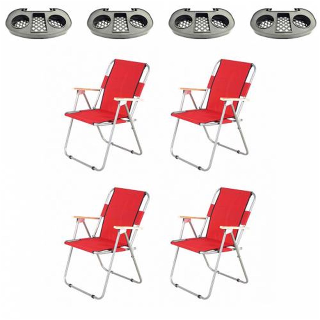 4 Adet Kırmızı Katlanır Kamp Sandalyesi + 4 Adet Bardaklık - Kamp Taburesi  - Katlanabilir Sandalye