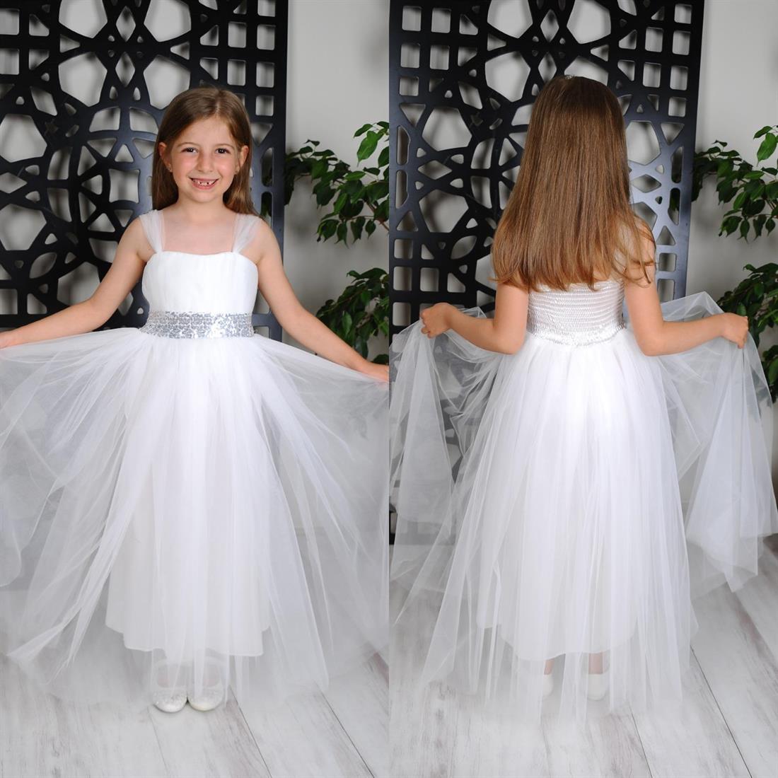 Gümüş Bel Detaylı Beyaz Askılı Çocuk Abiyesi - Kız Çocuk Gelinlik Elbise