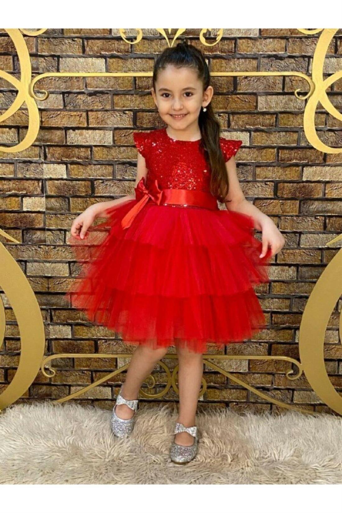 Katkat Tüllü Payetli Kırmızı Elbise - Tül Abiye - Mezuniyet Elbisesi - Kız  Çocuk Elbise