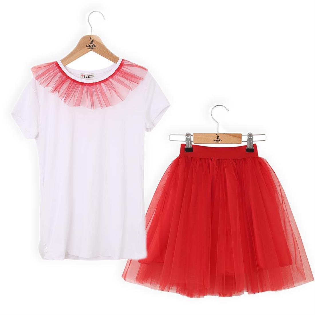 Kırmızı Etek + Beyaz Tişört - Çocuk Abiye Etek - Gösteri Eteği - Kırmızı  Etek - 23 Nisan Elbise