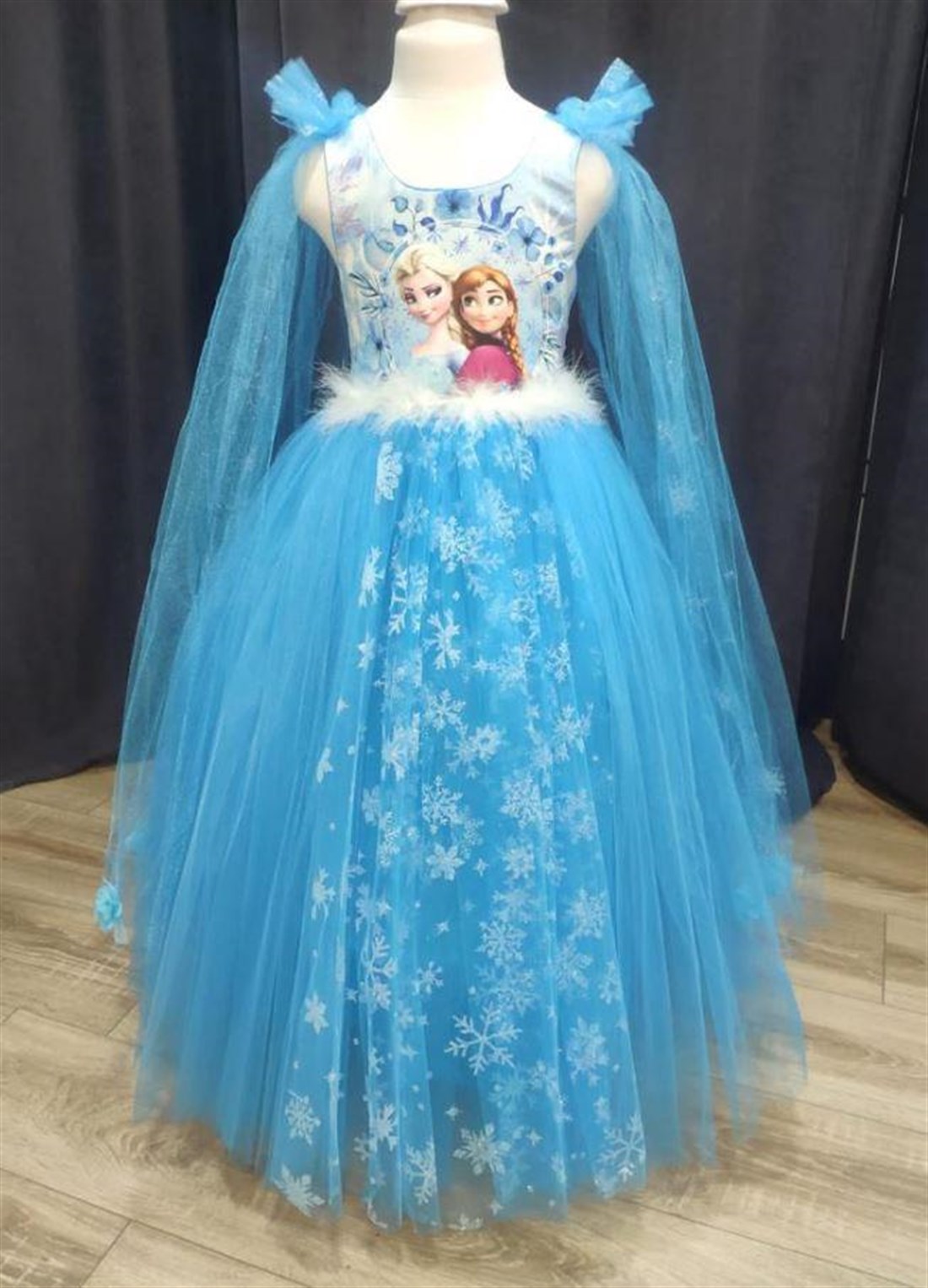 Mavi Kolu Uzun Tüllü Elsa Çocuk Abiye - Tarlatanlı Elsa Kostüm - Elsa Elbise  - Frozen Kostüm