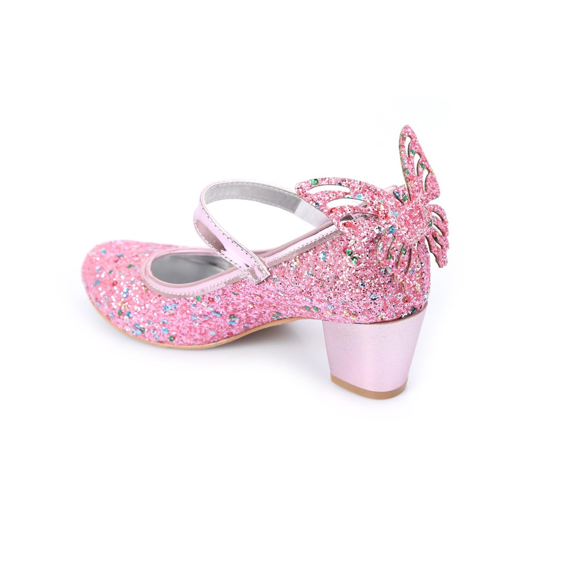 Pembe Karışık Pullu Kelebekli Topuklu Ayakkabı - Kız Çocuk Abiye Ayakkabı -  Kız Çocuk Gösteri Ayakkabısı
